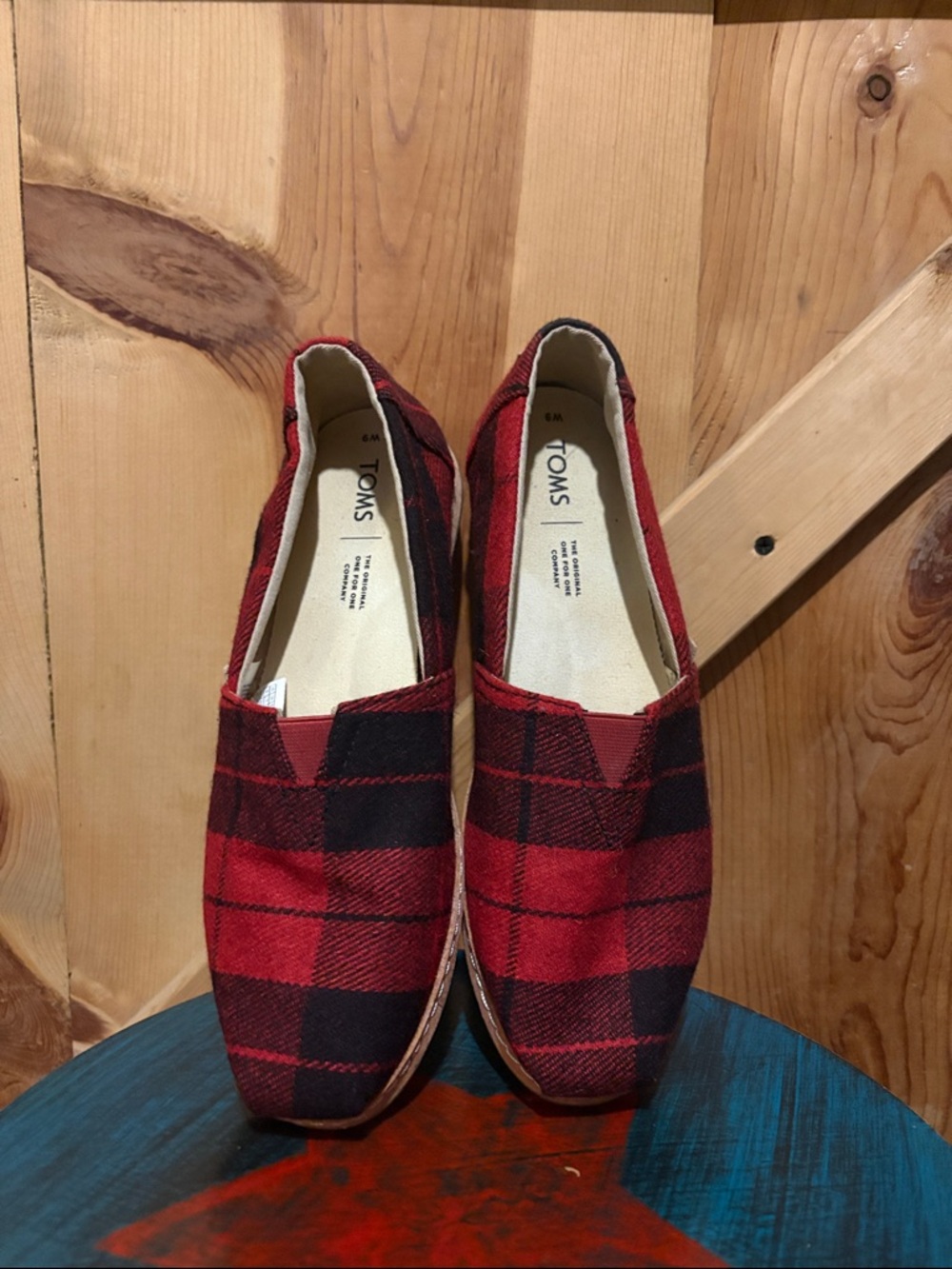 Toms Red and Black Plaid Canvas Slip-On Flats